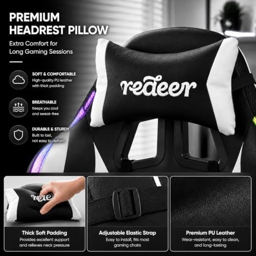 Redeer Led RGB Gaming Chair with Speakers Massage & Footrest, Reclining Gamer Chair for Adults, Video Game Chairs with Canopy, Heavy Duty Gaming Chair Massage, 350LBS White