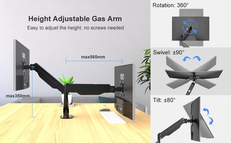 AEONS Dual Monitor Stand up to 32 inches Screen, Load-Bearing Max 22 lbs Each Gas Spring Pneumatic Arm, Adjustable Dual Monitor Mount, Max VESA 100x100mm, Black