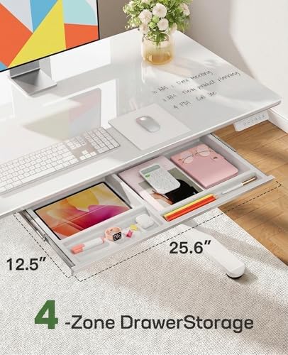 Marsail 40 x 24 inch Glass Standing Desk with 4-Zone Drawer Storage, White