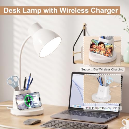 10W Wireless Charging LED Desk Lamp with Pen Holder, CRI 95, White