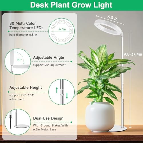 Aokrean 6.3in Halo Grow Lights for Indoor Plants, Full Spectrum with Base
