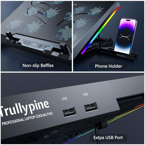Laptop Cooling Pad with 12 Quiet Fans, Slim Portable for 12-17.3 Inch Laptop Cooler Stand, RGB Lighting, with 5 Height Adjustable, Gaming Cooling Fan Pad,Two USB Ports, Phone Holder (LCD)