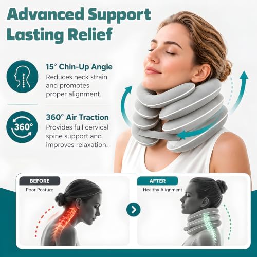 Inflatable Neck Stretcher Cervical Traction Device - 3-Layer Design in Varying Sizes for Pain and Stress Relief, Posture Support - Cervical Neck Pillow for Decompression Home, Office & Travel