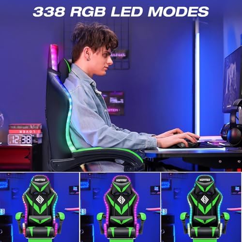 RGB Gaming Chair with Massage & Footrest Racing Style Computer Chair-Green
