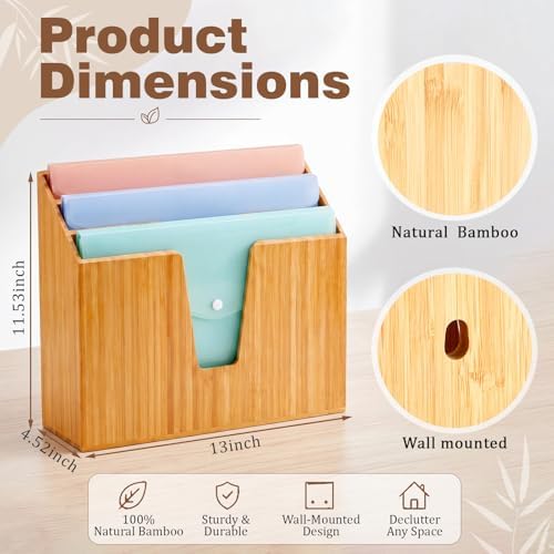 Suzile Bamboo Wall Mounted File Folder Holder Organizer, 3-tier Vertical File Organizer Wooden Sorter Rack for Office, Home, Desktop, Desk Letter Mail Document Storage, 13" x 4.5" x 11.5"