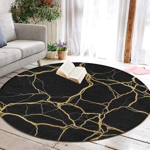 Women's Large Home Decor Mat, Soft Round Yoga Carpet, Non Slip Machine Washable Home Office Circle Rug Black Marble Gold Texture Art, 24inch