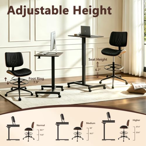 CLATINA Drafting Chair for Standing Desk, PU Leather Armless Tall Office Chairs with Adjustable Footrest Ring, Extended Height Ergonomic High Swivel Computer Chair with Bend Wood Backrest, Black, 2PK