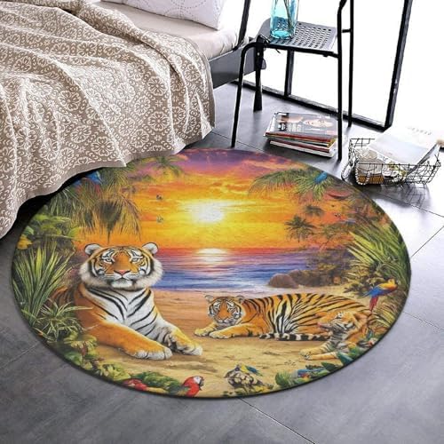 Machine Washable Modern Round Area Rug, Room Sofa Yoga Soft Round Carpet, Home Decor Non Slip Kitchen Office Circle Rug Tropical Tiger Animal World King Art, 36inch