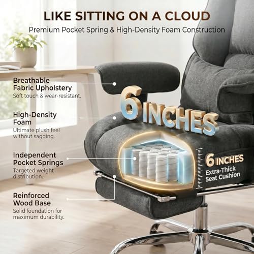 mokodo Big and Tall Office Chair 400lbs, Breathable Fabric Executive Desk Chair with Pocket Spring Cushion, 155° Reclining Computer Chair with Integrated Headrest & Lumbar Pillow (Dark Grey)