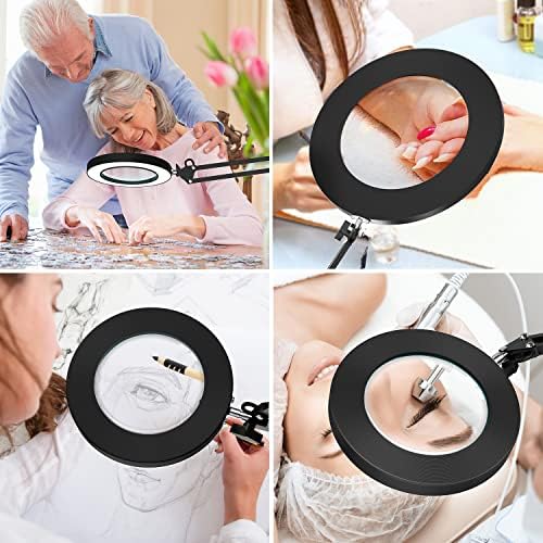 YOUKOYI LED Magnifying Lamp Metal Swing Arm Magnifier Lamp- 10 Levels Brightness, 3 Color Modes, 5X Magnification, 4.1" Diameter Glass Lens, Adjustable Industrial Clamp for Reading/Office/Work (Black)