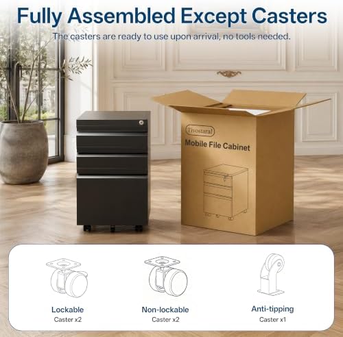 Fully Assembled 3 Drawer Mobile File Cabinet with Lock