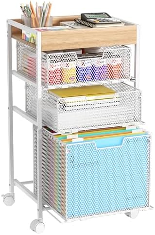 SWTYMIKI Rolling File Cart with Drawers - 4 Tier Under Desk Storage Craft Rolling Organizer Cart - Office Storage &Organization, Mobile Metal Filing Cabinet for Office and Home White