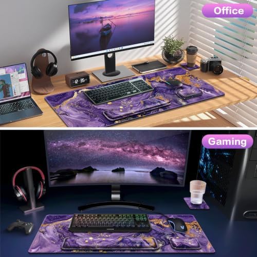 Desk Mat, Large Gaming Mouse Pad with Wrist Rest, 4in1 XXL Mousepad+Keyboard Wrist Rest+Mouse Pad Wrist Support+Cup Coaster Set Ergonomic Computer Desk Arm Wrist for Decor Home Office Women