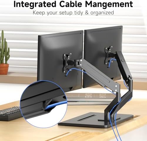 suptek Dual Monitor Mount Gas Spring Monitor Arm Desk Stand with Base,Free Standing Pneumatic Height Adjustable Monitor Stand for 17 to 34 inch,Holds up to 24.25 lbs,Black(ML8SPX)