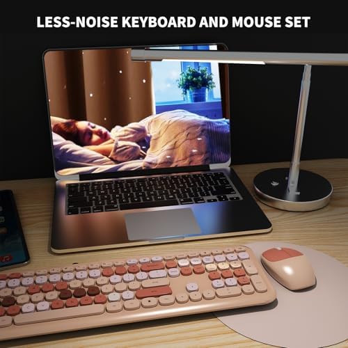 SkyGive Wireless Keyboard and Mouse Combo, Colorful Ergonomic Full Size Retro Low-Noise Keyboard with Cute Keycaps, Neutral Brown Keyboard, Compatible with Windows, PC, Perfect for Home and Office