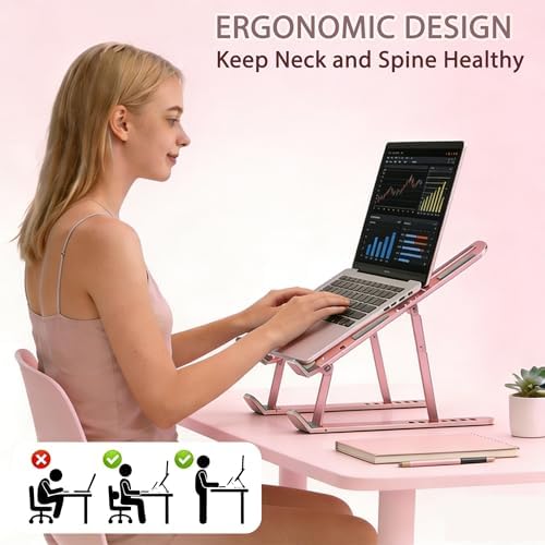 Ergonomic Foldable Computer Stand, 10-Level Height Adjustable Aluminum Laptop Stand, Compatible with 17.3 Inch Laptops, Tablets & Drawing Tablets, for MacBook, HP, Lenovo, Dell (Pink)