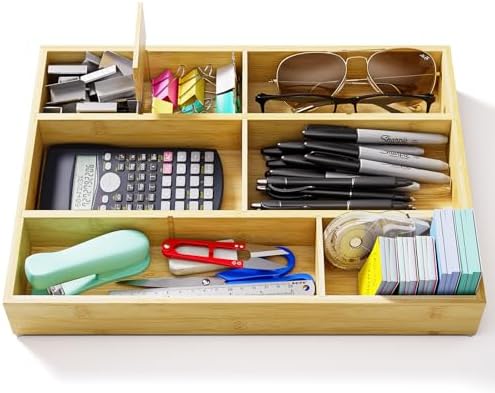 Bamboo Drawer Organizer with 9 Adjustable Compartments, Desk Storage Tray