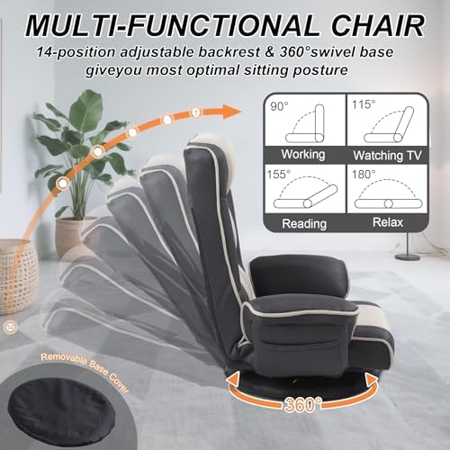 Ergonomic Gaming Chair, 6-Position Reclining Sofa Bed with Lumbar Support, Foldable Floor Lounger with Thick Cushion, Armrests & Side Pockets for Reading, Gray/Beige