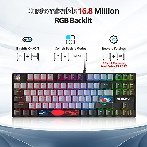 Owpkeenthy 75% Mechanical Gaming Keyboard with Red Switch, RGB Backlit Keyboard, 87 Keys Compact TKL Wired Computer Keyboards for Laptop PC Gamer Xbox PS (Grey/ 87 Red Switch)