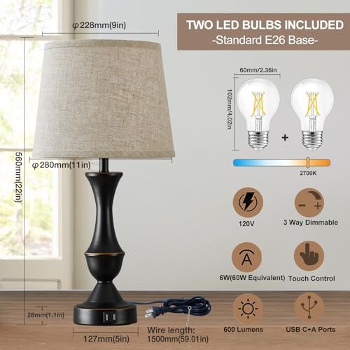 Luvkczc Upgraded Touch Table Lamps Set of 2, 22" Tall Bedside Lamps