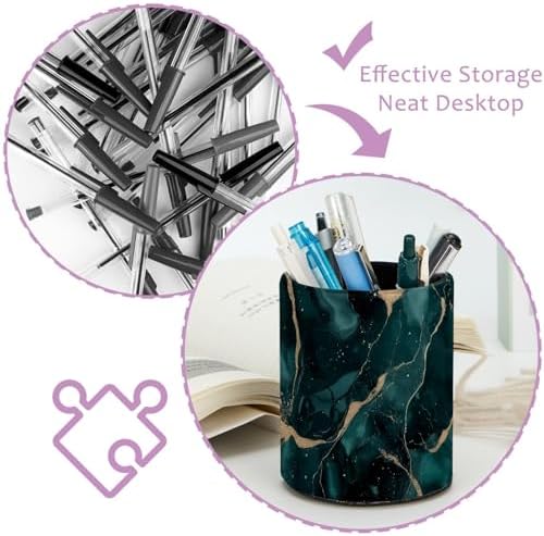 Emerald Green Marble Pen Holder Pencil Organizer Cute Pencil Cup Desk Decor Makeup Brush Holder PU Multifunctional Office Supplies for Home Classroom School