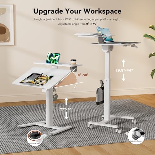 28" Glass Standing Desk, Tiltable Top with 2-Tier Shelves, White