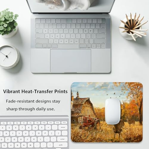 Deer Hunting Season Autumn Mouse Pad, Rustic Farm with Red Tractor Desk Mat