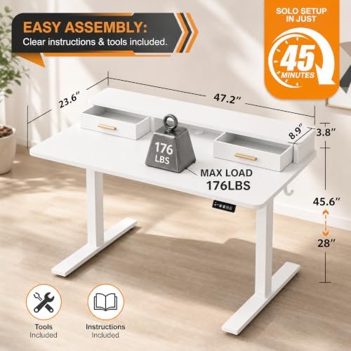 Grandder Electric Standing Desk with Two Drawers, Sit to Stand Up Height Adjustable Desk with Storage Shelf for Home Office, 47 * 24 Inch, Study, Ergonomic Adjustable Computer Desk, White