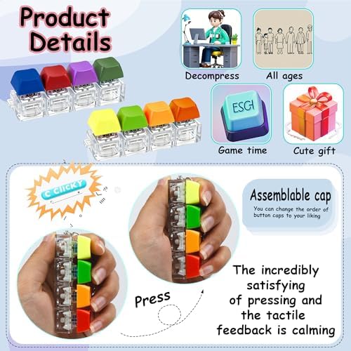 2 PCS Keyboard Fidget Toy, Keyboard Fidget Keychain 4-in-1 Keyboard Decompression Button Finger Clicker Toys, Keychain Button Stress Relief Fidget Gifts to Relief Stress (Bright)
