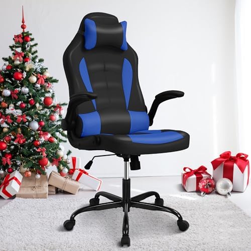 Blue Gaming Chair, PU Leather Gaming Chairs for Adults, Comfy Office Chair Ergonomic Desk Chair Computer Chair with Flip Up Arms, Swivel Reclining Gamer Chair, Height & Backrest Adjustable, 300 Lbs