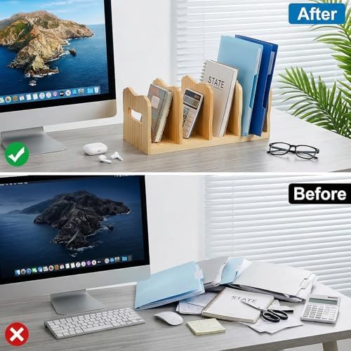 Lawei 2 Pack Wooden Mail Sorter, 4 Slot Desk File Organizer with Handles, Sturdy File Sorter Book Holder for Letter, Envelope, Purse Clutch Divider, Storage Folder Racks for Home, Office, Classroom