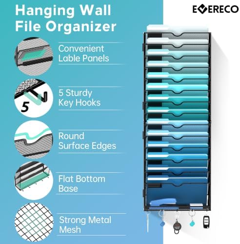 15 Tier Wall File Organizer - Hanging File Organizer with 5 Hooks, Mail Holder Wall Mounted for Papers, Folders, Magazines, Bills, Office&School Organization, Black
