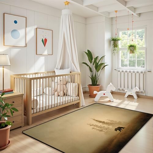 Solitary Bear Amidst Autumn Pine Trees Soft Earth Tones Area Rug Outdoor Patio Rug Play Mat Modern Floor Carpet Non-Slip Home Decor Living Room Kids Bedroom Nursery, 3x5 ft