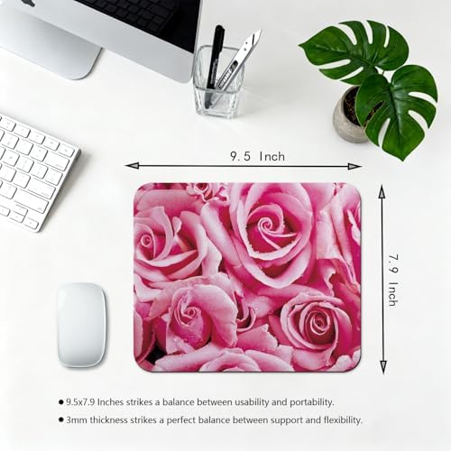 9.5x7.9 Inch Office/Gaming Mouse Pad, Romantic Pink Roses with Dew Drops Fresh Flowers Floral Bouquet, Cute Anti-Slip Mat for Desk Decor