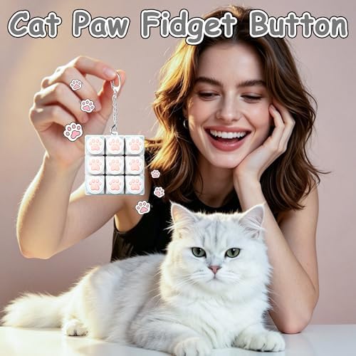 Cat Paw Keyboard Fidget Toy, Keyboard Fidget Keychain 9-in-1 Keyboard Decompression Button Finger Clicker Toys, Cute Soft Click Buttons Fidget Toy ADHD Sensory Fidget Toys Stress Relief Gifts（White