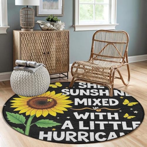 Large Machine Washable Circular Rugs, Home Decor Round Mat for Living Room Sofa Office Butterfly Sunflower She is Sunshine