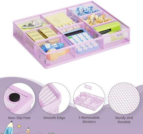 Marbrasse Desk Drawer Organizer, Metal Mesh Drawer Organizer Tray with 5 Adjustable Compartments,Desk Organizers and Accessories for Home,Office,Kitchen,Makeup,Vanity (Purple)