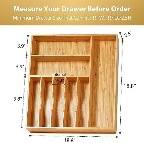 Umilife Large Kitchen Drawer Organizer, 19"x19" Silverware Utensils Organizer, 2.5" High for Large Deep Drawers, Bamboo Flatware Holder with Thick Frames, Sturdy Kitchen Organization Tray