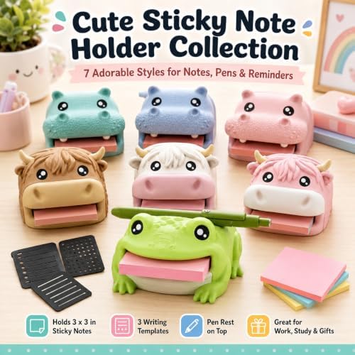 Note Toad Desk Organizer Sticky Note Holder – Frog Shaped Sticky Note Stencil and Holder with 3 Writing Guides, Creative Sticky Note Dispenser for Desk，Blue Hippo