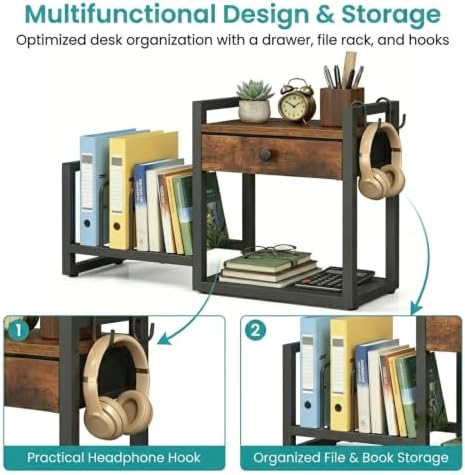 MAHANCRIS Desktop Shelf Organizer, 2-Tier Wooden Desk Bookshelf, Small Tabletop Book Shelf with Drawer and Hooks, Countertop Storage Rack for Home, Office, Dorm, Rustic Brown POHR2201