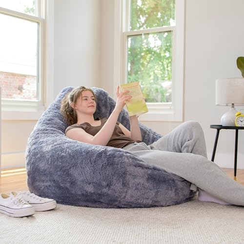Big Large Teardrop Foam Filled Bean Bag Chair with Removable Cover, Gray Short Shag, 4 feet Big
