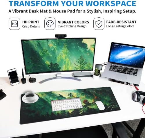 Extended Mystic Forest Desk Mat, XL Large Gaming Mouse Pad, Green Landscape Stitched Edges Waterproof with Non-Slip Rubber Base for Computer Keyboard Laptop Work Home Office 31.5"x11.8"