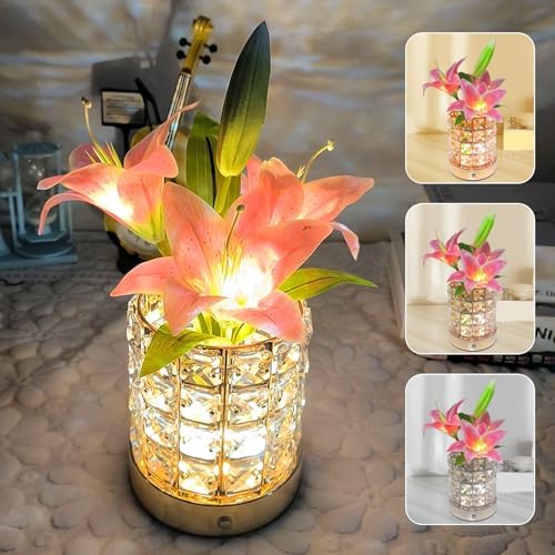 Lily Flower Lamps, Rechargeable Cordless Small Desk Lamp, 3 Colors Dimmable Artificial Flowers Night Light, Fake Bouquet 3 Lilies with Crystal Vase for Home Date Party Decoration (Pink - Lily)