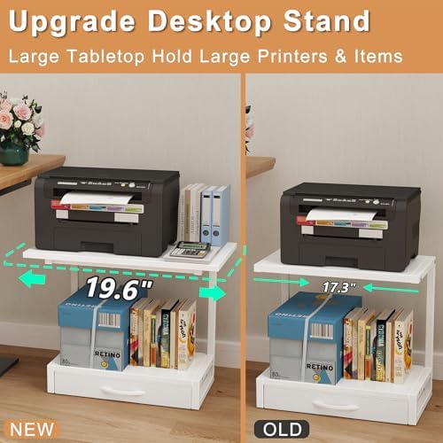 YAOHUOO 2-Tier Desktop Printer Stand with Fabric Drawer,19.6"x14.9" White