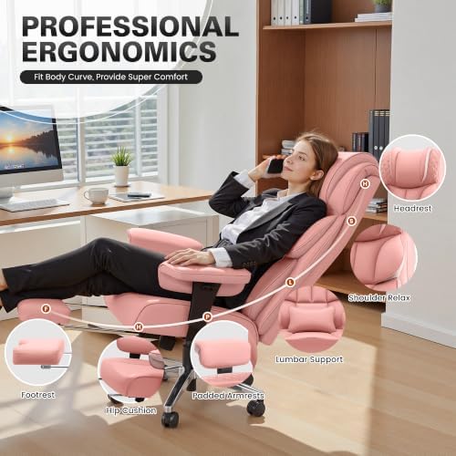BestGlory Office Desk Chair, Big and Tall Leather Gaming Chair with Footrest, Ergonomic Comfy Executive High-Back Reclining Computer Chairs, Wide Swivel Rolling Wheels and Padded Lumbar Support, Pink
