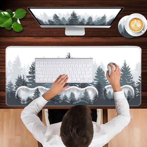 Keyboard Wrist Rest and Mouse Pad with Wrist Support Set Ergonomic Coaster,Memory Foam,Easy Typing Pain Relief,Large XL Desk Mat 31.5"x 11.8",Misty Forest Tree
