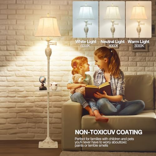 Traditional Floor Lamp with Tray, Remote Dimmable, 350° Swing Arm and White