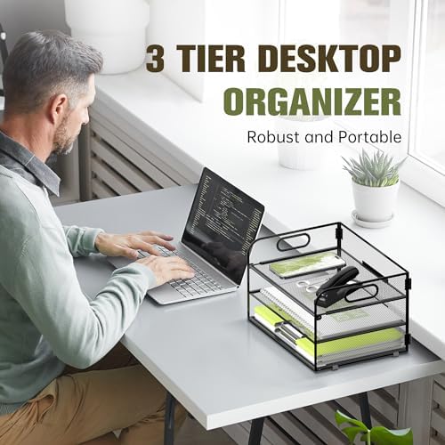 DALTACK 3 Tier Paper Organizer for Desk, Sliding Paper Trays, Black