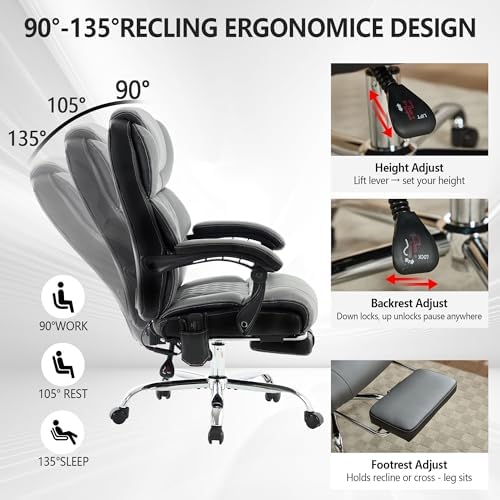 Massage Office Chair with Heat & Footrest,Heated Comfy Reclining Desk Chair with Vibration,Executive Big and Tall Chairs for Heavy People,Adjustable Height Black Gray