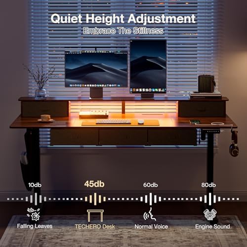 71x32" Electric Standing Desk with 5 Drawers,Power Outlets,LED Light,Walnut